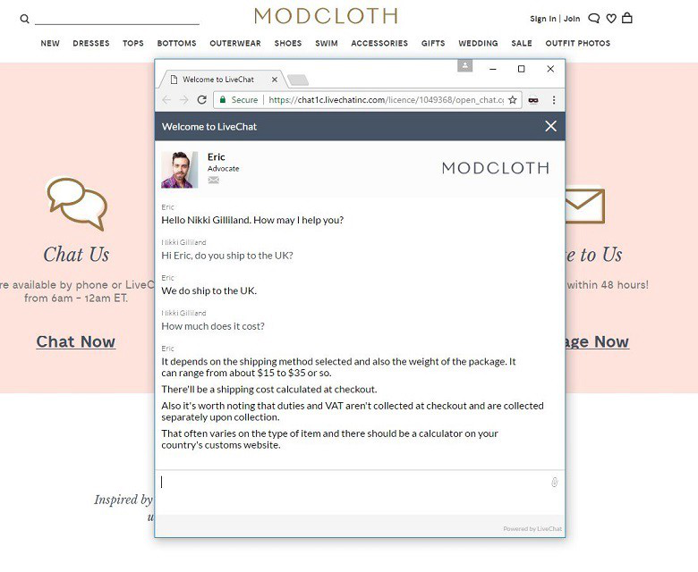 modcloth live chat example