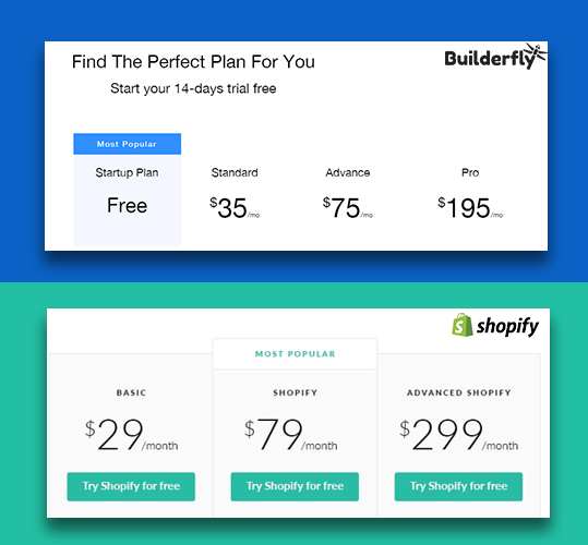 difference between pricing plans of Shopify & Builderfly, advantage Builderfly.